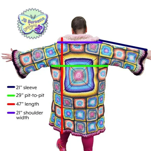 Original Handmade Cardigan Coat of Many Colors, Crochet Granny Square Robe - Picture 5 of 7